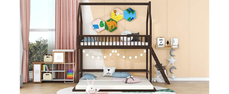 Twin Over Twin-Twin House Bunk Bed With Extending Trundle And Ladder - Espresso