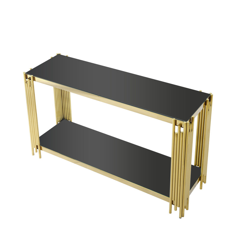 Modern Glass Console Table, 55" Gold Sofa Table With Sturdy Metal Frame And Black Tempered Glass Top, For Living Room Entryway Bedroom - Gold