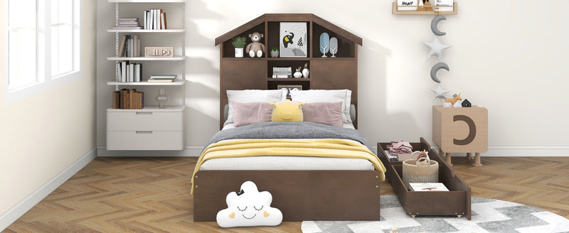 Twin Size Wood Platform Bed with House-shaped Storage Headboard and 2 Drawers, Walnut