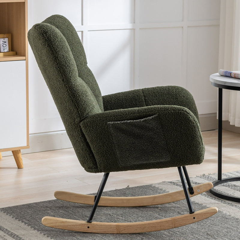 30.3" Rocking Chair With Pocket, Soft Teddy Fabric Rocking Chair For Nursery, Comfy Wingback Glider Rocker With Safe Solid Wood Base For Living Room Bedroom Balcony - Dark Green