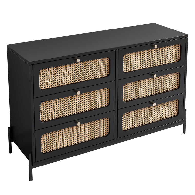 Modern Cannage Rattan Wood Closet 6 Drawer Dresser Wood Storage Cabinet Sideboard For Bedroom, Living Room, Entryway, Hallway