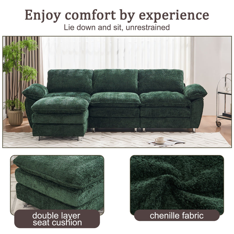 Modern Deep 3-Seat Sofa Couch With Ottoman, Polyester Sofa Sleeper Comfy Upholstered Furniture For Living Room, Apartment, Studio, Office