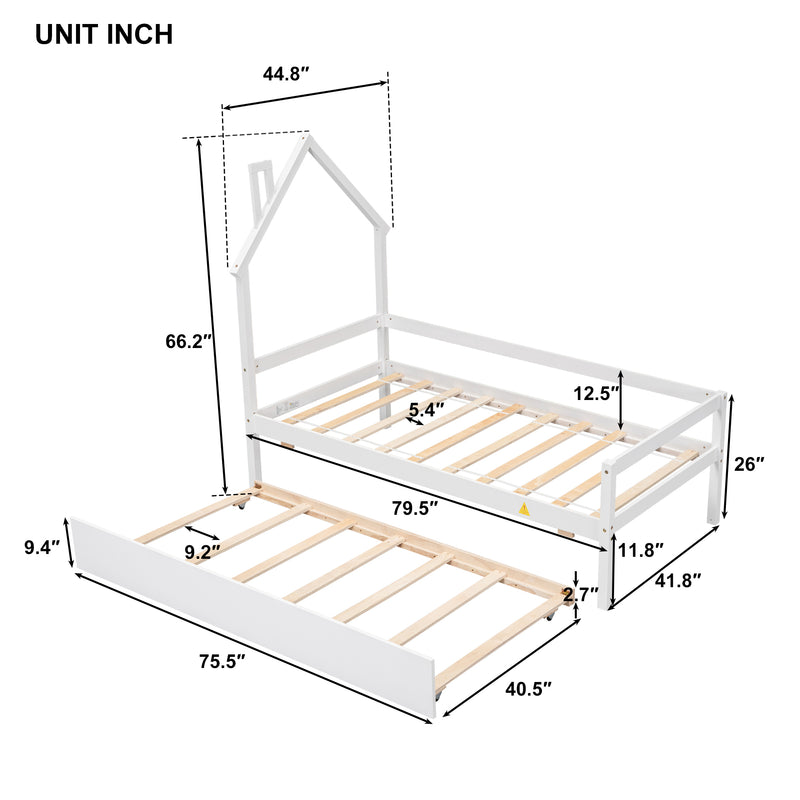 Twin House Wooden Daybed with trundle, Twin House-Shaped Headboard  bed with Guardrails,White