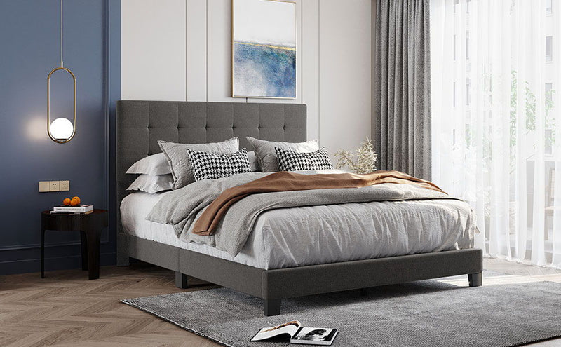 Queen Size Upholstered Platform Bed With Tufted Headboard, No Box Spring Needed - Gray