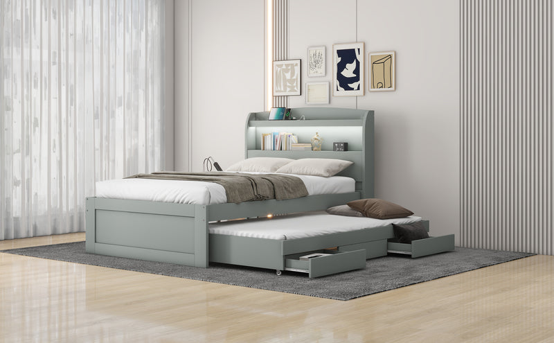 Twin XL Size Platform Bed with Storage LED Headboard, Charging Station, Twin Size Trundle and 2 Drawers, Gray