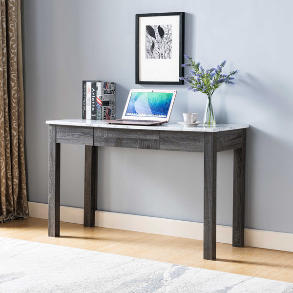 Laptop Desk, Glossy Marble Tabletop With Storage Drawer - Faux Marble White & Distressed Grey