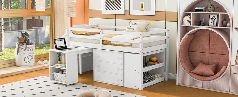 Twin Size Loft Bed with Retractable Writing Desk and 3 Drawers, Wooden Loft Bed with Storage Stairs and Shelves, White