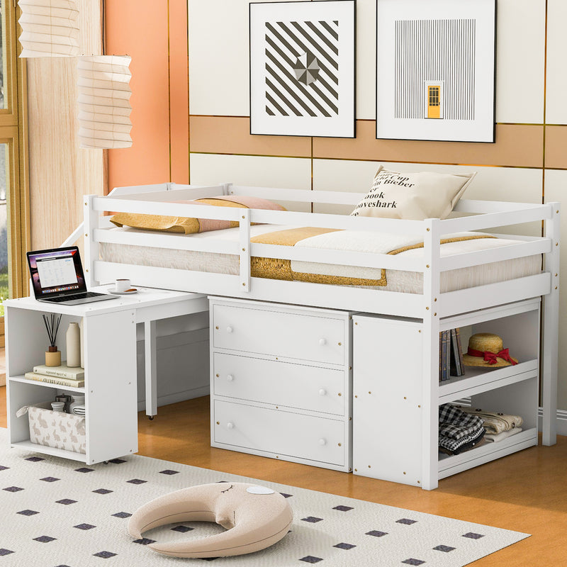 Twin Size Loft Bed with Retractable Writing Desk and 3 Drawers, Wooden Loft Bed with Storage Stairs and Shelves, White