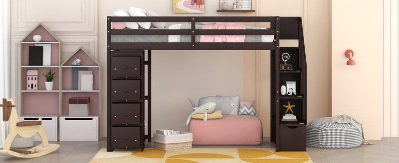 Twin size Loft Bed with Storage Drawers and Stairs, Wooden Loft Bed with Shelves - Espresso