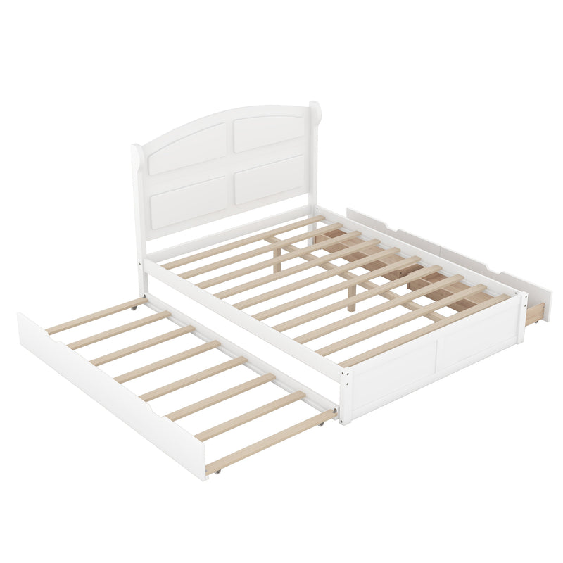 Wood Queen Size Platform Bed with Twin Size Trundle and 2 Drawers, White