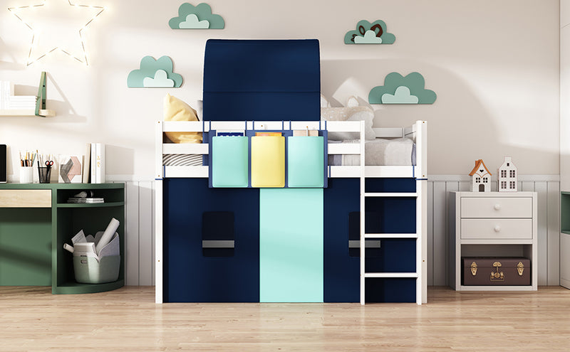 Twin Size Loft Bed with Tent and Tower  and  Three Pockets- Blue