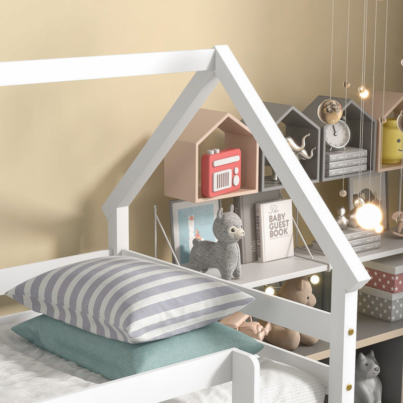 Twin Over Twin Loft Bed With Roof Design, Safety Guardrail, Ladder