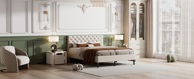 Upholstered Linen Platform Bed, Queen Size, Beige