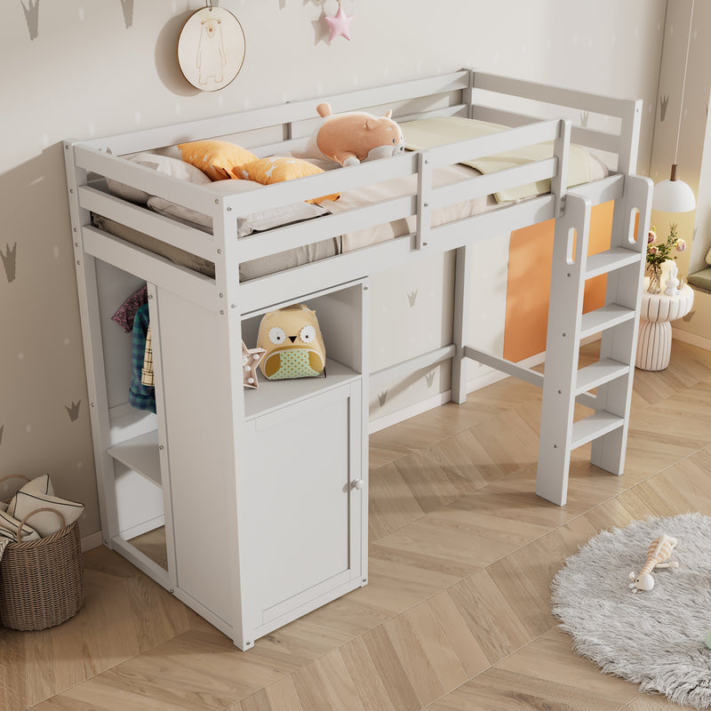 Twin Loft Bed with Wardrobe, Storage Shelves and Ladder, White