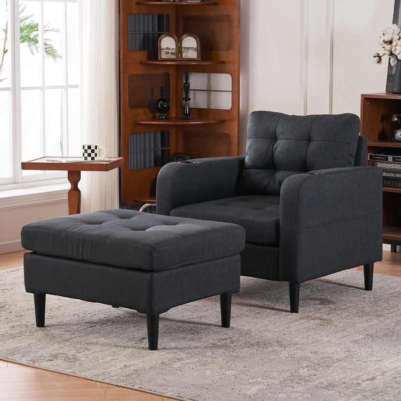 Upholstered Armchair And Storage Ottoman Set, Comfortable Single Sofa With Cup Holders And Tufted Detailing, Ideal For Living Room Or Bedroom - Dark Gray