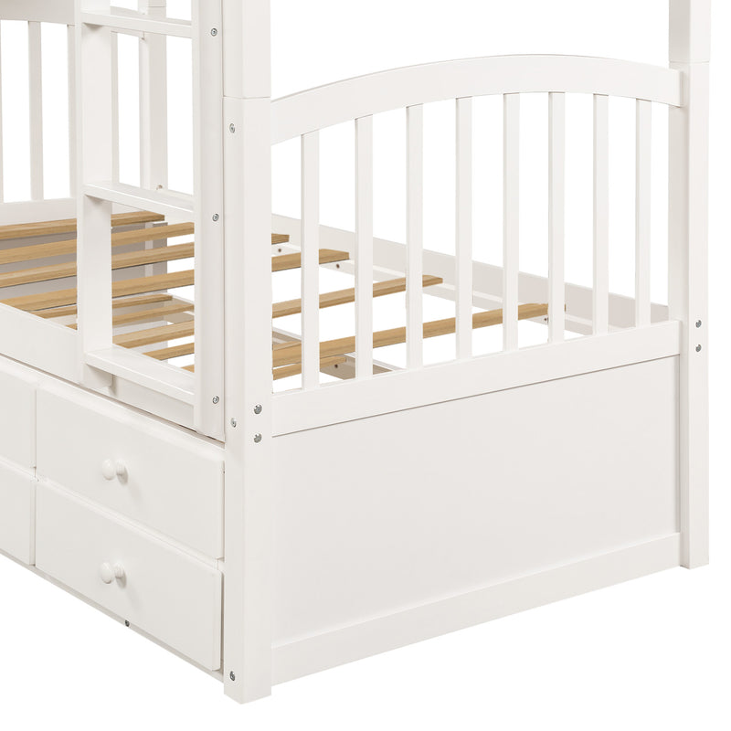 Twin Bunk Bed with Ladder, Safety Rail, Twin Trundle Bed with 3 Drawers for Teens Bedroom, Guest Room Furniture(White)(OLD SKU :LP000071AAK)