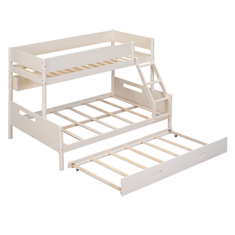 Wood Twin Over Full Bunk Bed With Storage Shelves And Twin Size Trundle - Cream