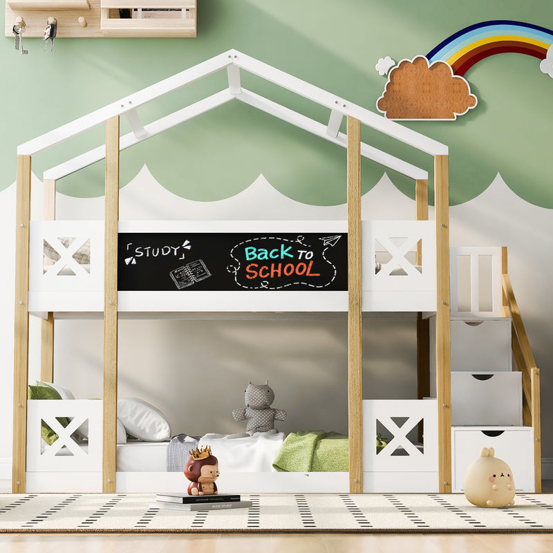 Twin over Twin House Bunk Bed with White Storage Staircase and Blackboards, White