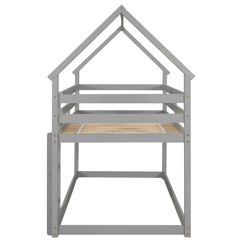 Twin over Twin Loft Bed with Roof Design, Safety Guardrail, Ladder, Grey