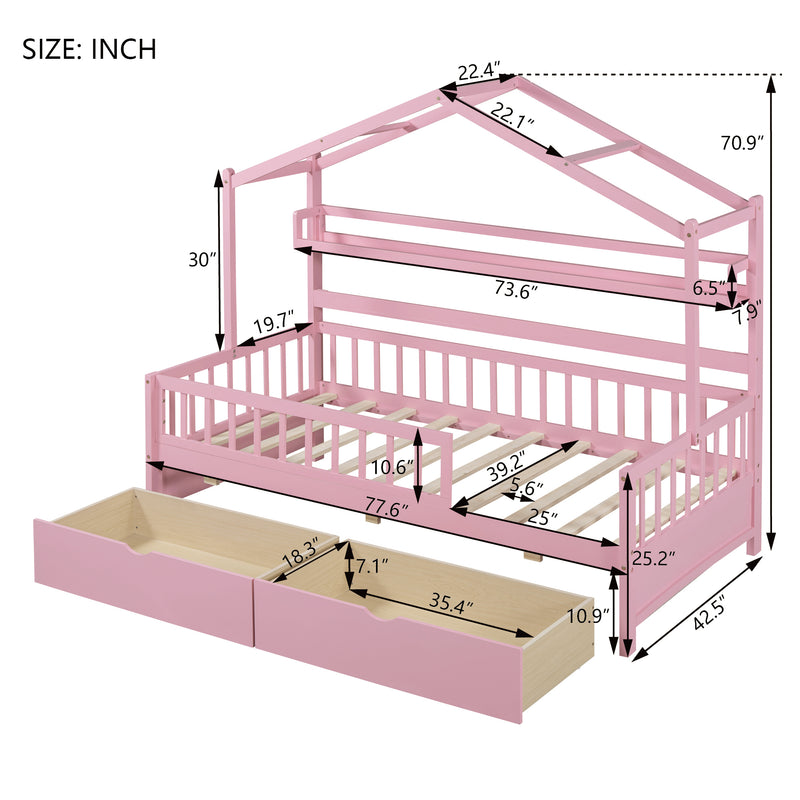 Wooden Twin Size House Bed with 2 Drawers,Kids Bed with Storage Shelf, Pink