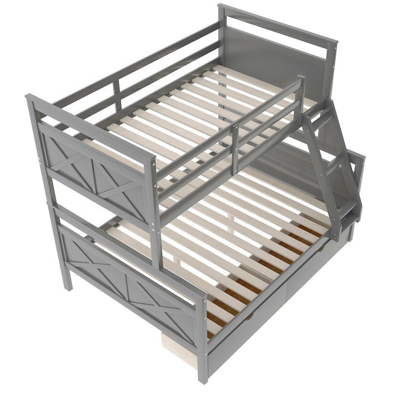 Twin Over Full Bunk Bed With Ladder, Two Storage Drawers, Safety Guardrail