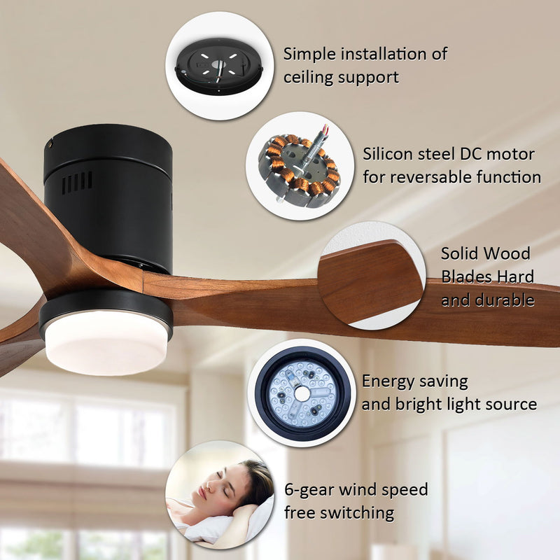 Wooden Ceiling Fan, With 18W LED Light 3 Solid Wood Blades, Remote Control Reversible Dc Motor With Etl Ceiling Fan For Home - Dark Brown / Black