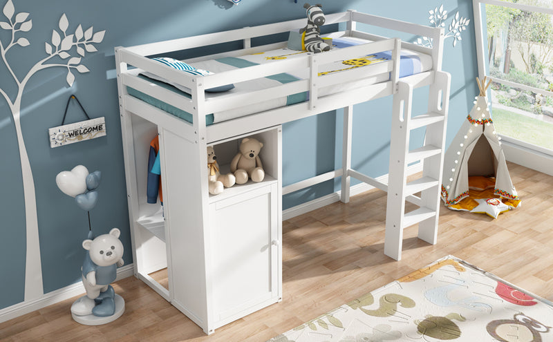 Twin Loft Bed with Wardrobe, Storage Shelves and Ladder, White