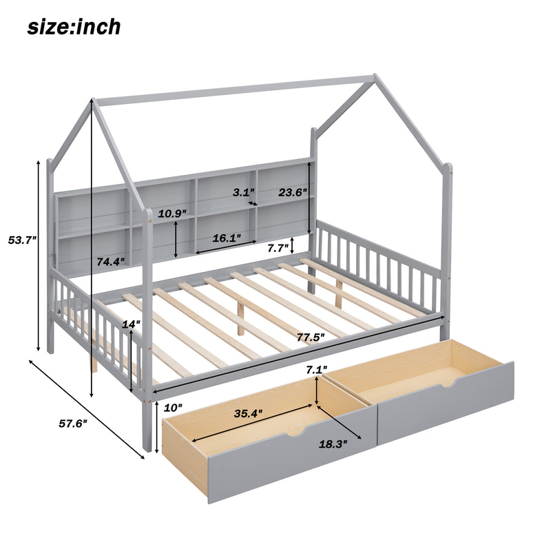 Wooden Full Size House Bed with 2 Drawers,Kids Bed with Storage Shelf, Gray(Expected Arrival Time: 5.15)