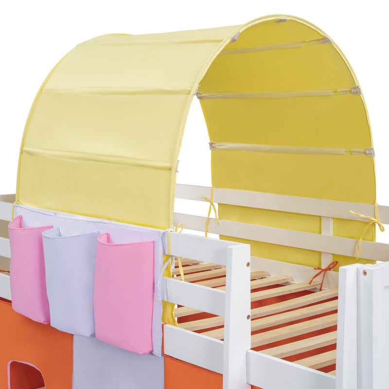 Twin Size Loft Bed with Tent and Tower  and  Three Pockets- Orange