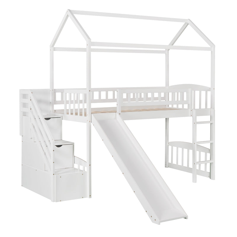 Twin Loft Bed with Two Drawers and Slide, House Bed with Slide, White (Old SKU: LP000130AAK)