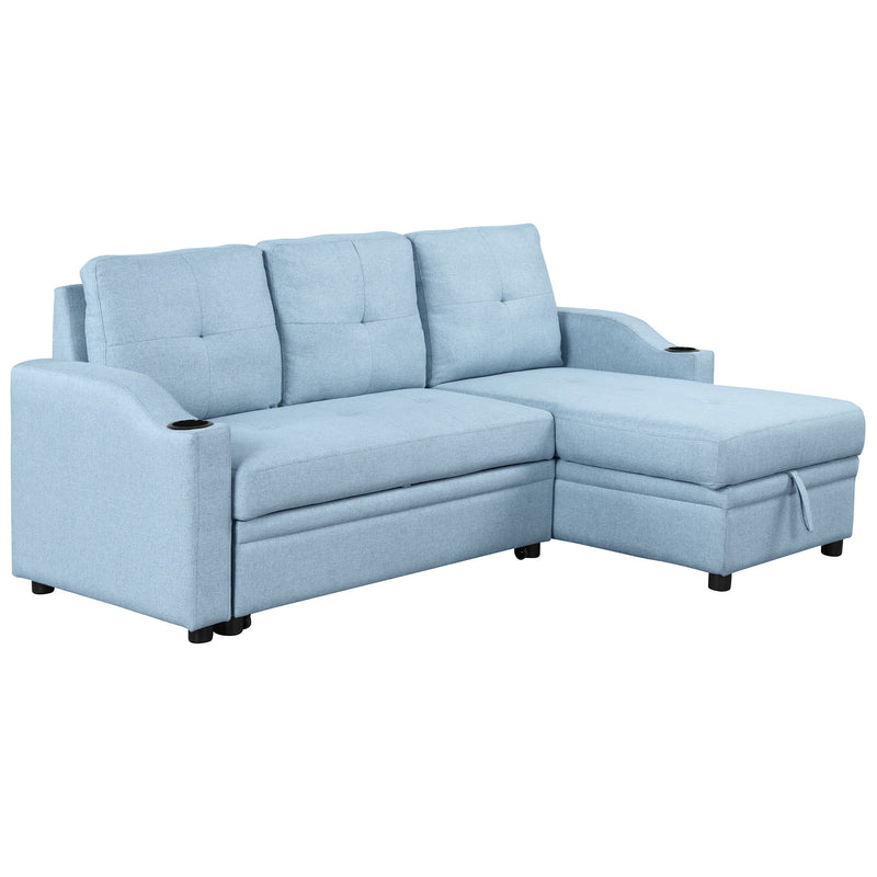 Pull Out Sofa Bed Modern Padded Upholstered Sofa Bed, Linen Fabric 3 Seater Couch With Storage Chaise And Cup Holder, Small Couch For Small Spaces