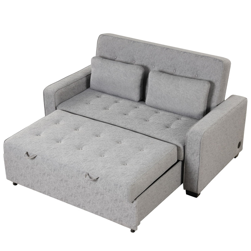 Upholstered Sleeper Bed, Pull Out Sofa Bed Couch Attached Two Throw Pillows, Dual USB Charging Port And Adjustable Backrest For Living Room Space - Gray