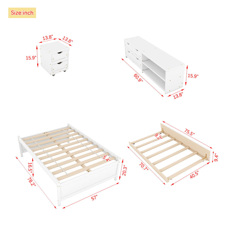 Versatile Full Bed With Trundle, Under Bed Storage Box And Nightstand - White