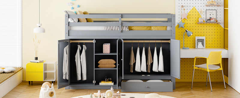 Twin size Loft Bed with Drawer, Two Wardrobes and Mirror, Gray