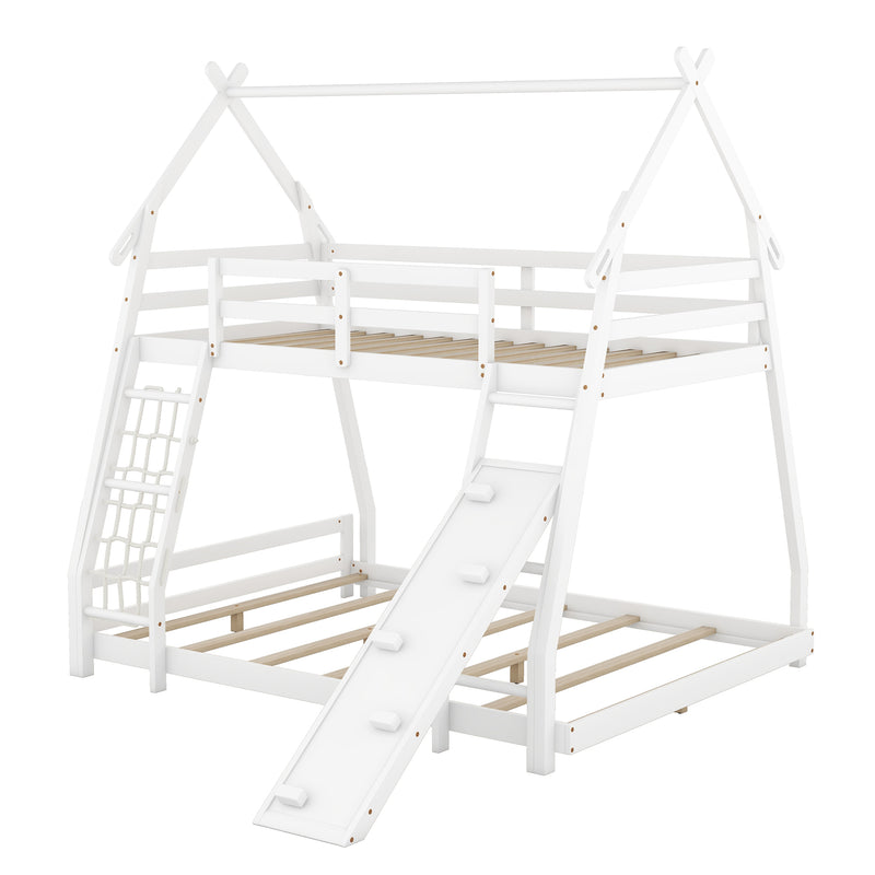 Twin over Queen House Bunk Bed with Climbing Nets and Climbing Ramp, White