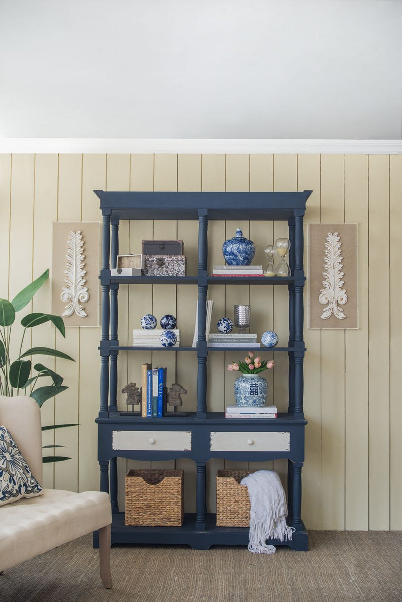 Four Tiered Wooden Shelf With Two Drawers, Farmhouse Wood Bookcase Display Storage Shelf Etageres - Antique Navy Blue