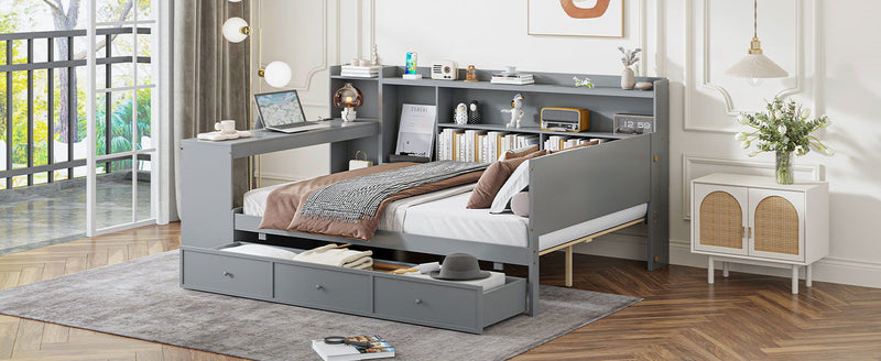 Full Size Wooden Daybed With 3 Drawers, USB Ports And Desk - Gray