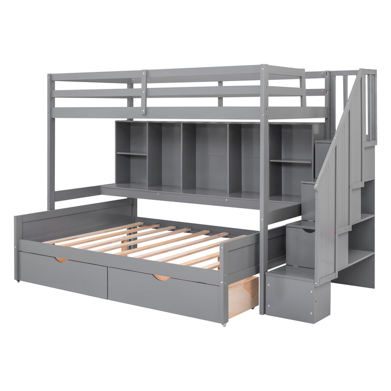 Twin XL over Full Bunk Bed with Built-in Storage Shelves, Drawers and Staircase,Gray