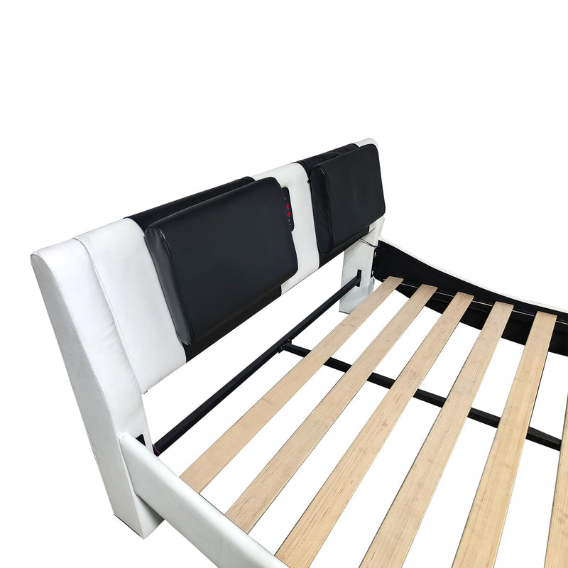 Upholstered Platform Bed Frame With LED Lighting, Bluetooth Connection To Play Music Control, Backrest Vibration Massage, Curve Design, Wood Slat Support