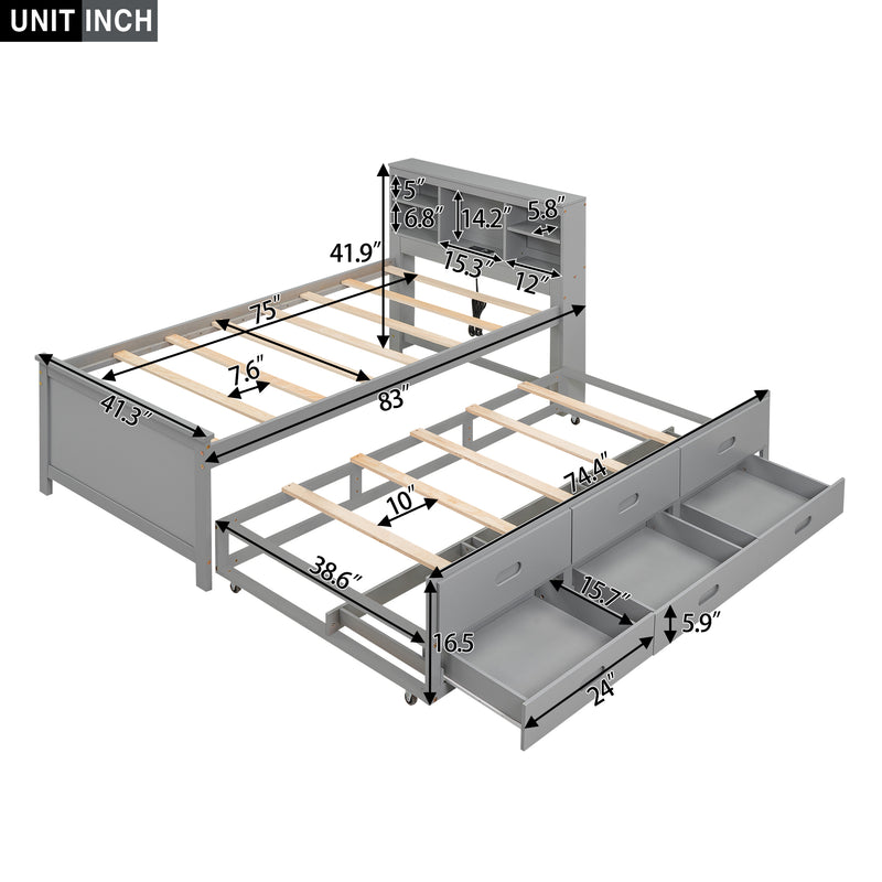 Twin Size Platform Bed with Storage Headboard, USB, Twin Size Trundle and 3 Drawers, Gray