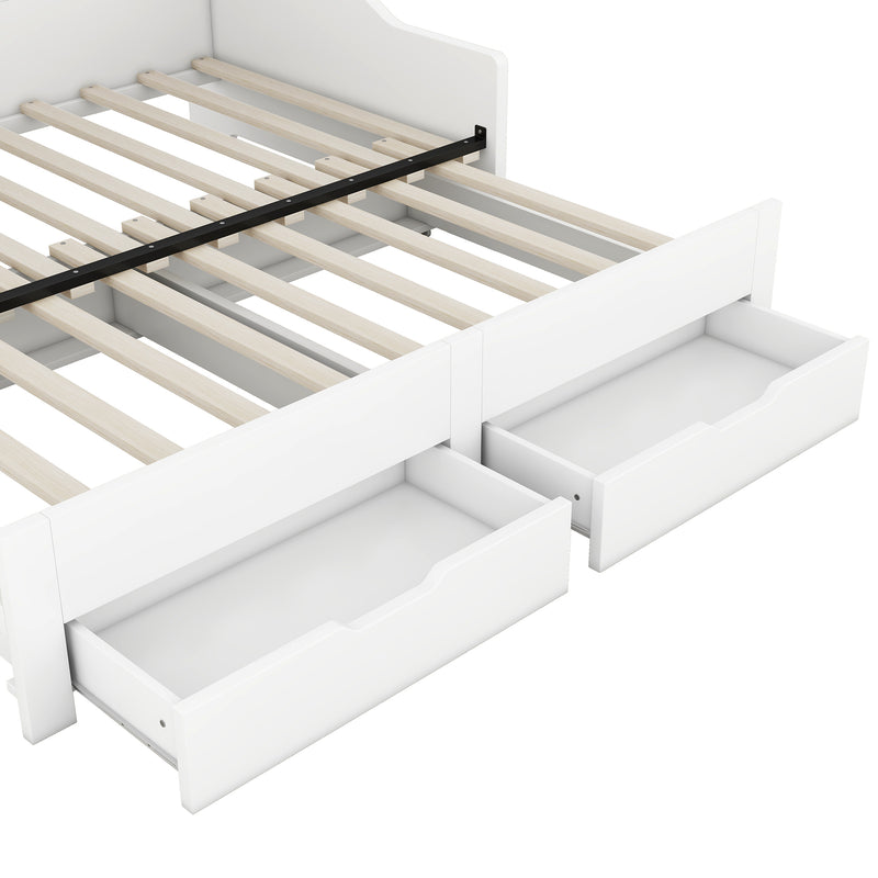 Twin to King Size Daybed Frame with Storage Bookcases and Two Drawers,Charging Design,White