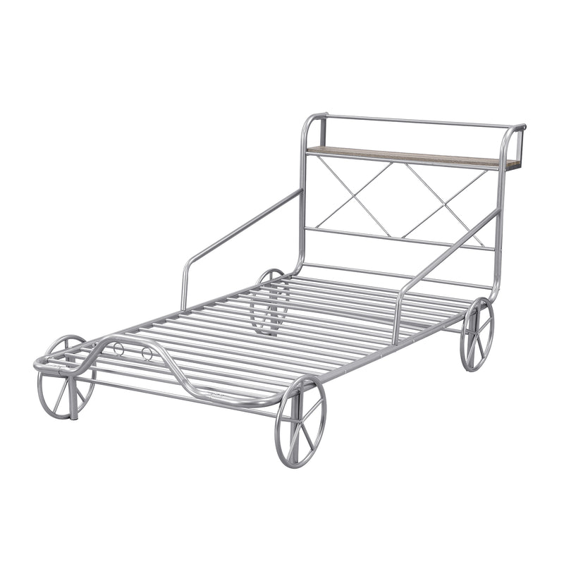 Twin Size Metal Car Bed with Four Wheels, Guardrails and  X-Shaped Frame Shelf, Silver(Old SKU: MF297599AAN)