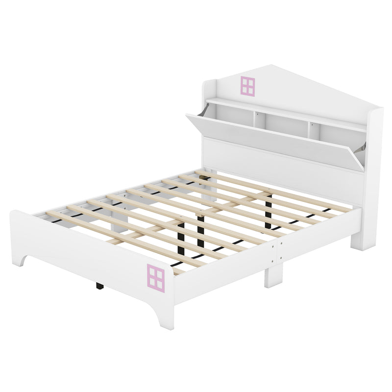 Wooden Full Size House Bed with Storage Headboard ,Kids Bed with Storage Shelf,White