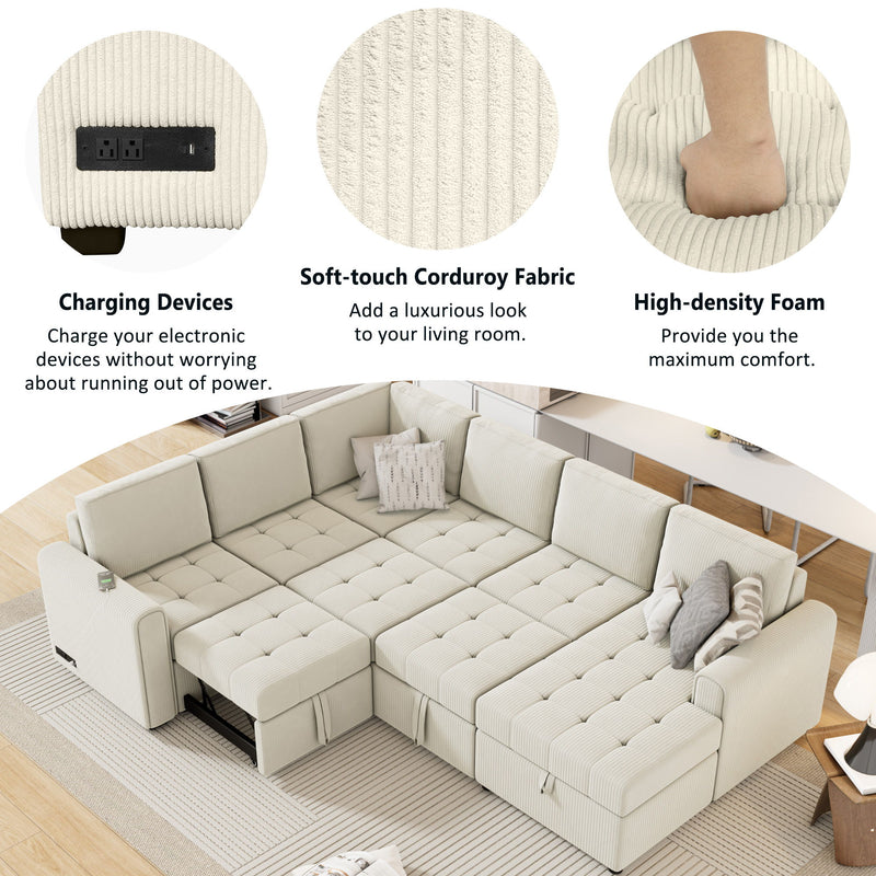 U-Shaped Sofa Sectional Sofa Pull-Out Sofa Bed With A Storage Chaise Lounge, Charging Devices For Living Room - Beige