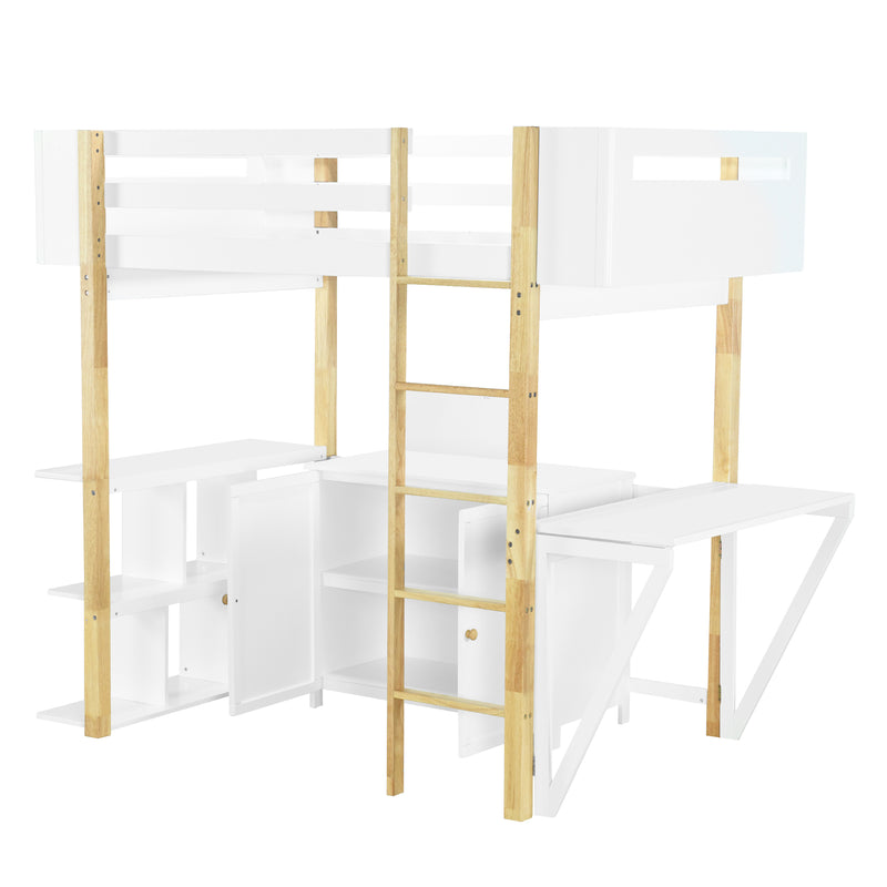 Twin Size Wood Loft Bed With Built-in Storage Cabinet and Cubes, Foldable desk, White