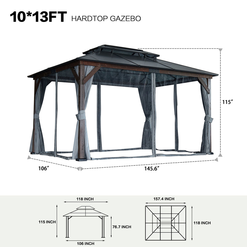 10' x 13' Hardtop Wood Gazebo For Patios, Outdoor Framed Gazebo With Polycarbonate Double Roof Canopy, Solid Wooden Framed Gazebo With Privacy Curtains And Mosquito Nettings For Garden, Backyard - Black