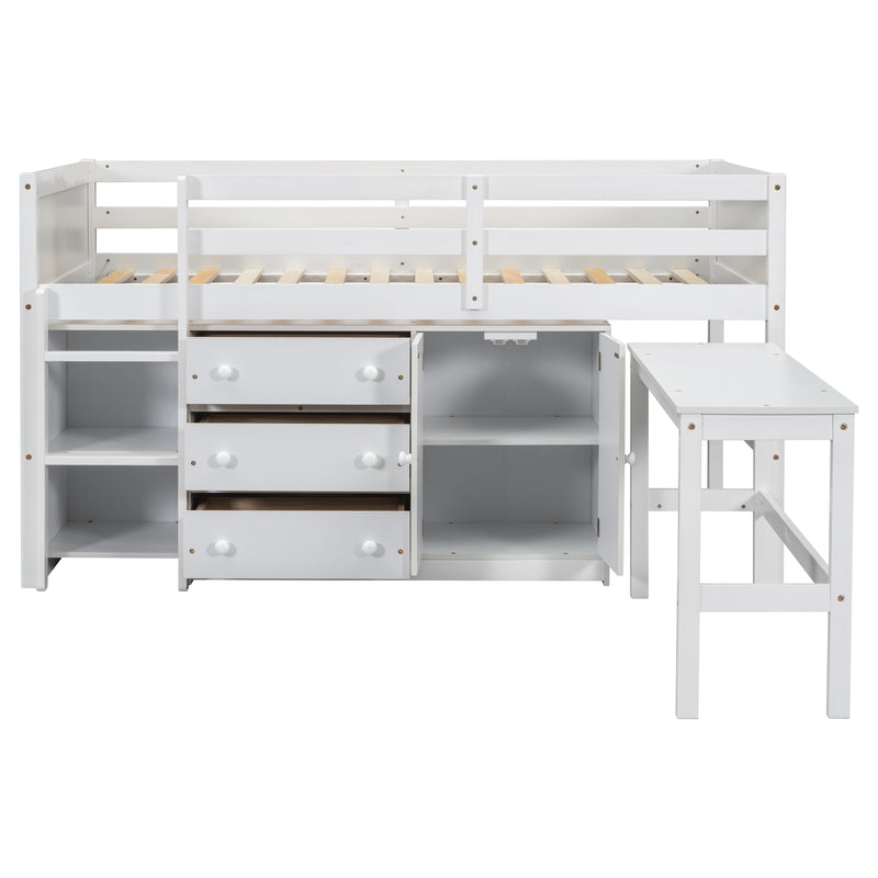 Twin Size Low Loft Bed With Pull-Out Desk, Drawers, Cabinet, and Shelves for White Color