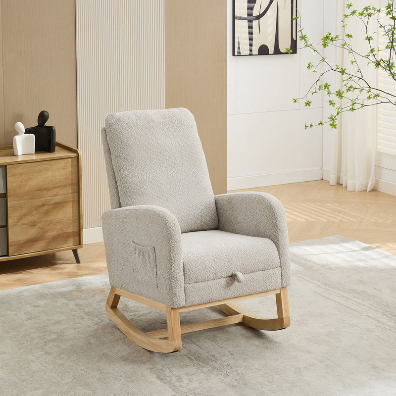 Rocking Chair For Nursery, High Back Glider Chair With Retractable Footrest, Side Pocket, Rocking Accent Armchair With Rubber Wood Legs For Living Room / Bedroom