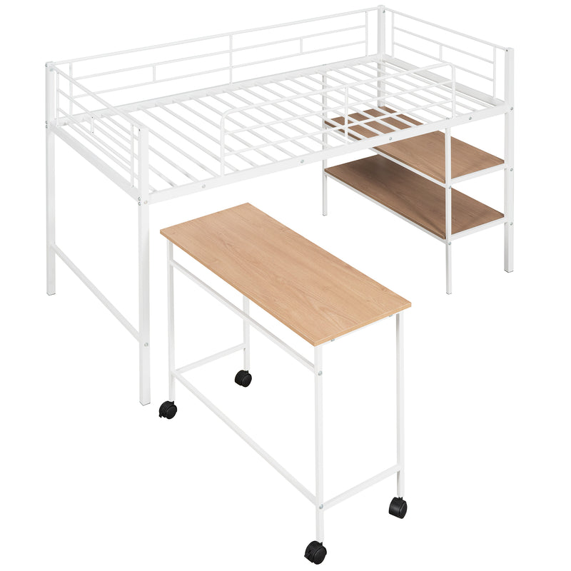 Twin Size Metal Loft Bed with Desk and Shelves,White