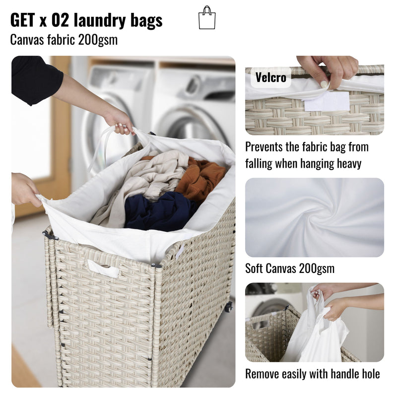 Laundry Hamper With Lid PE Rattan Powder Coating Frame Clothes Hampers With 2 Removable Bags